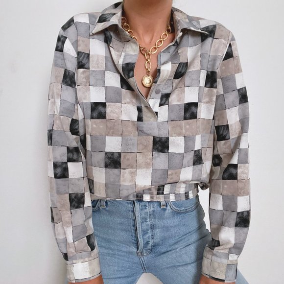 Vintage Tops - Retro Neutral Checker Print Polo Blouse